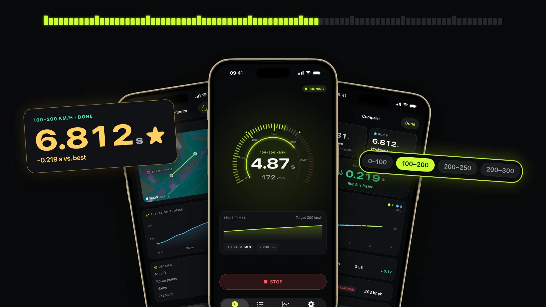 AsphaltTimer 2.0: live speedometer, personal best and run comparison on three iPhones