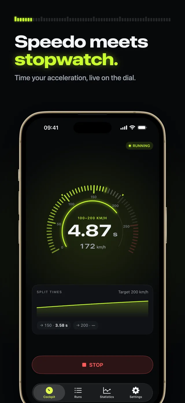 Live measurement on the speedometer with split times